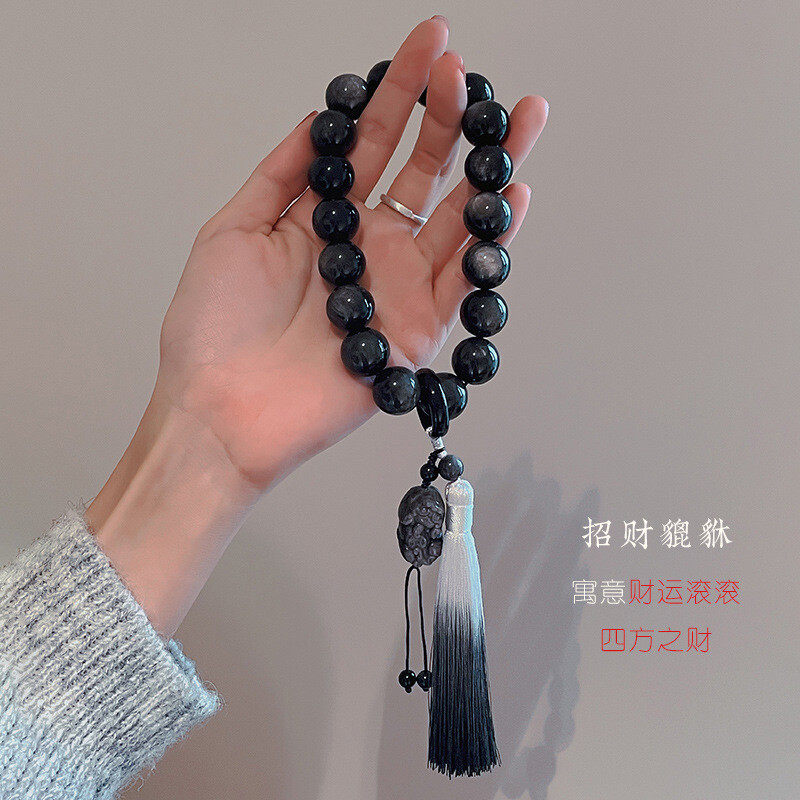 Cross-border original natural obsidian and silver obsidian hand-held 18-bead tassel lucky prayer beads bracelet for the Year of the Rabbit and the zodiac year