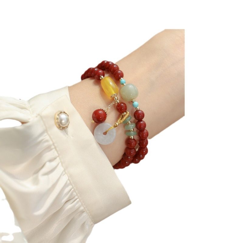 Natural red agate chalcedony women's bracelet with double ring beads, peace pendant design, perfect for your girlfriend as a bracelet