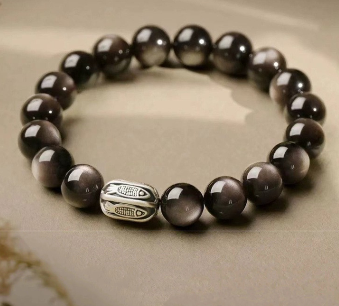 Natural obsidian bracelet for women, koi silver obsidian bracelet for couples, Dragon Year zodiac year bracelet, Buddhist prayer beads for men