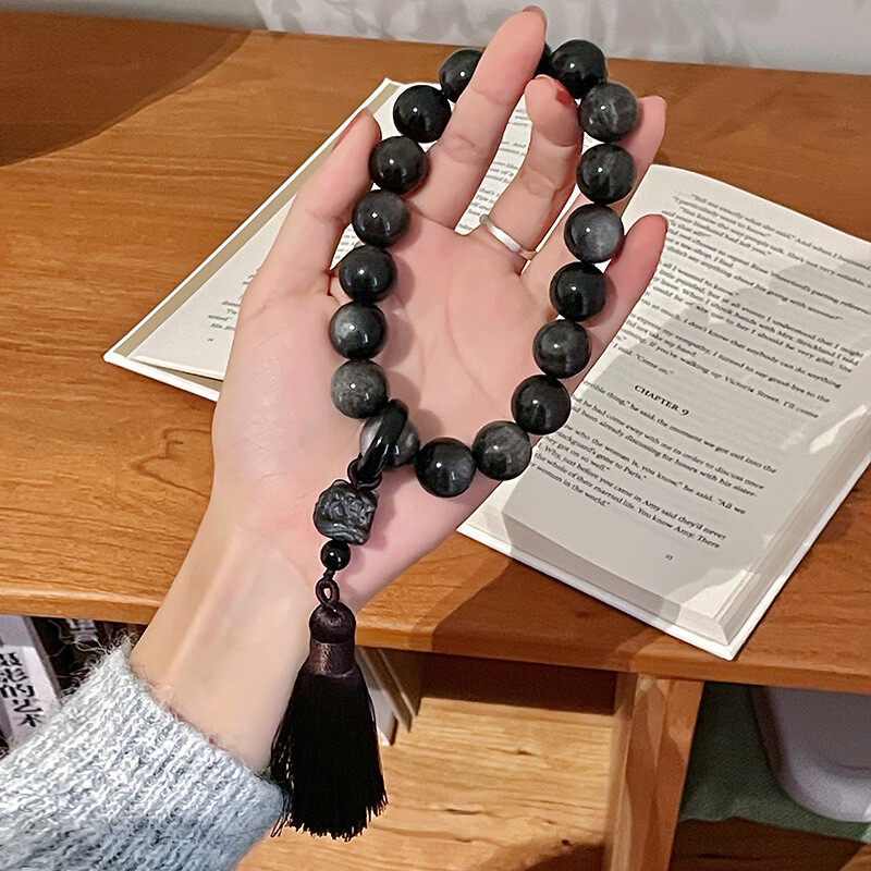 Cross-border original natural obsidian and silver obsidian hand-held 18-bead tassel lucky prayer beads bracelet for the Year of the Rabbit and the zodiac year