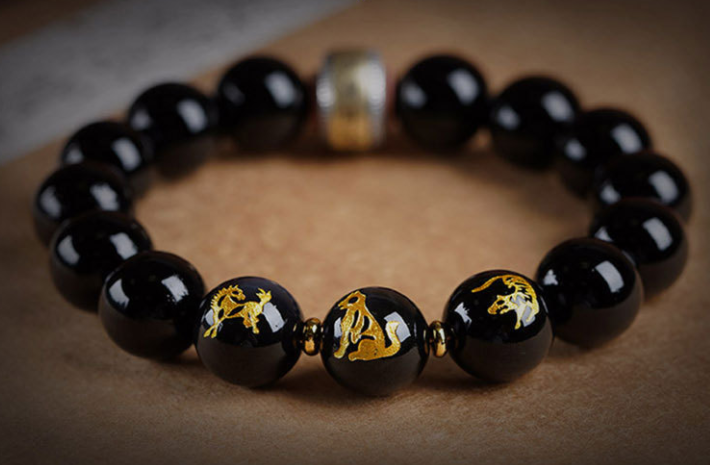 Obsidian bracelet, men's zodiac three-in-one bracelet, women's zodiac year of the Rabbit silver jewelry, cat's eye stone amulet and Buddhist prayer beads