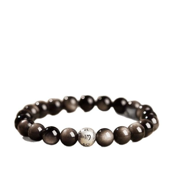 Cross-border obsidian bracelet for women, crystal and silver obsidian six-character motto for good luck and mood stability, men's Buddhist prayer beads