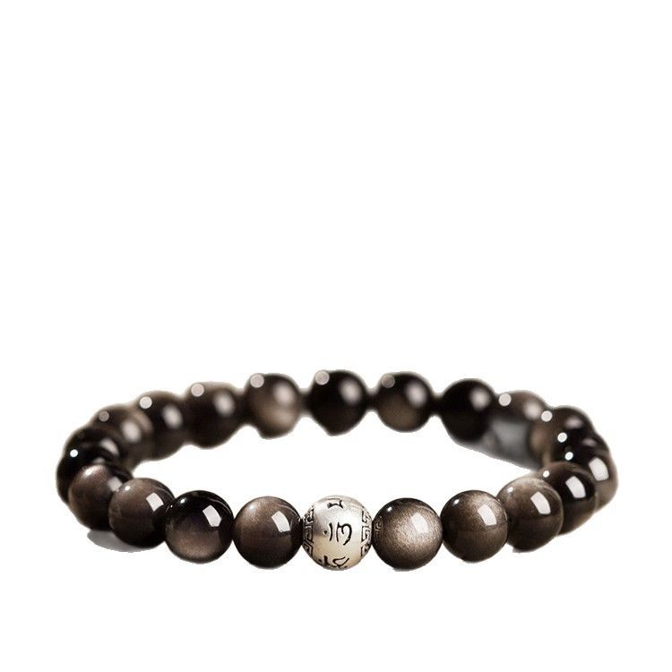Cross-border obsidian bracelet for women, crystal and silver obsidian six-character motto for good luck and mood stability, men's Buddhist prayer beads